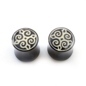 Pair of Organic Horn Bone with Mandala Design Plugs
