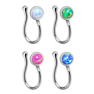 Fake Non-Piercing Nose Clip - Rhodium Plated with Bezel-Set Opalite - Sold Each
